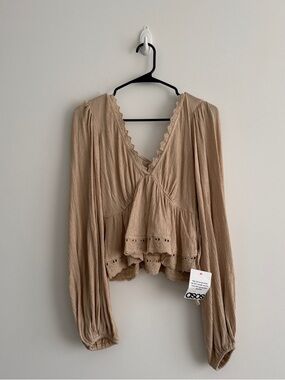 ASOS DESIGN crinkle tie back balloon sleeve top with lace trim in stone